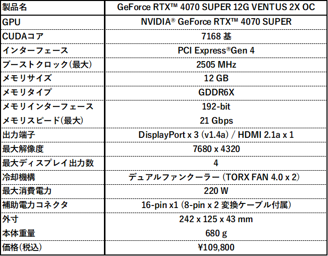 GeForce RTX 4070 SUPER 12G VENTUS 2X OC