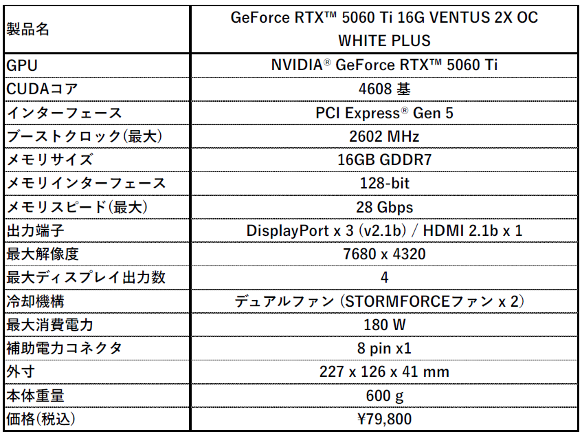 GeForce RTX 5060 Ti 16G VENTUS 2X OC WHITE PLUS